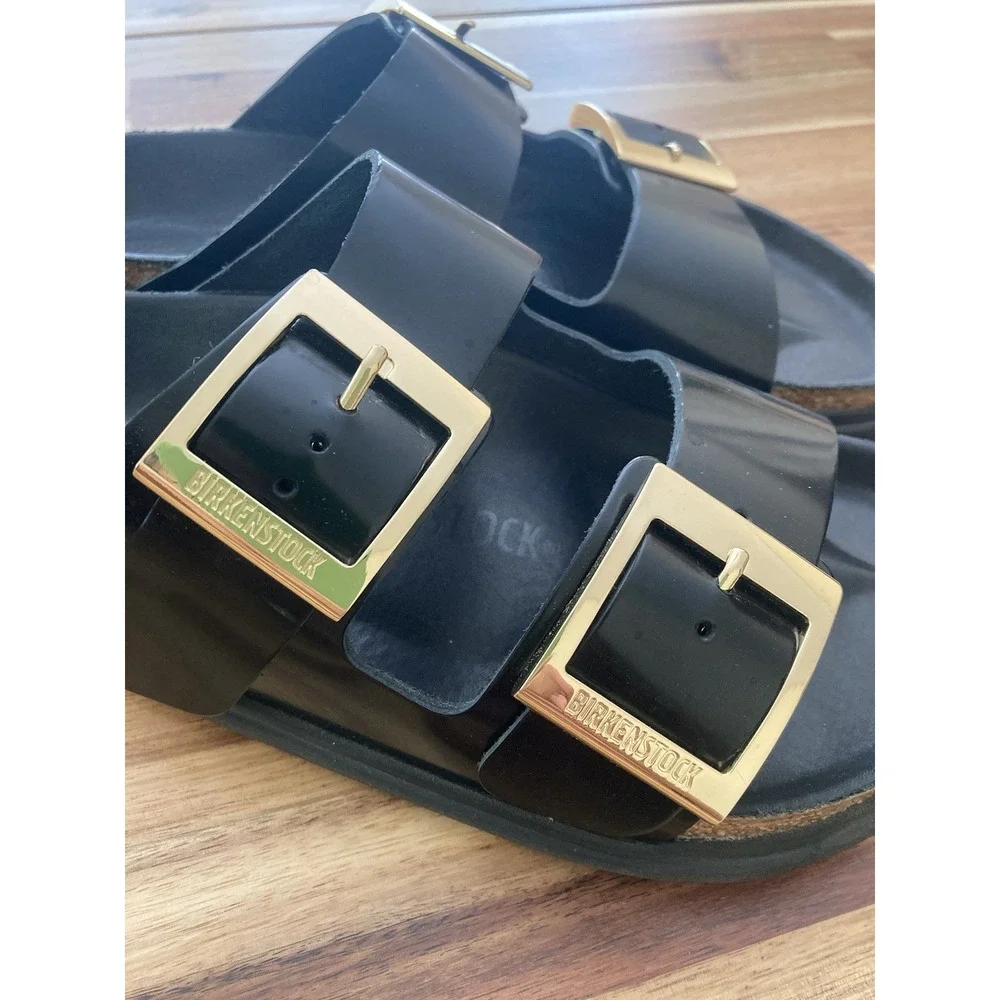 Birkenstock Arizona Droplet Buckle EU38 US7 Sandals High Shine Black Gold Narrow
